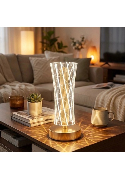Silindirik Kristal Çizgi Model Led Masa Lambası Gold Tabanlı, Dokunmatik, 3 Renk Işık Modlu, Şarjl Renkli