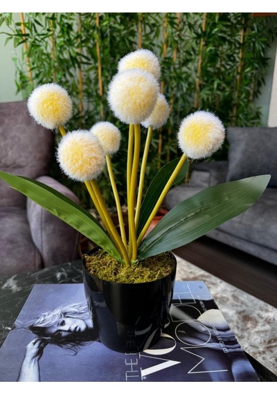 Yapay Çiçek Sarı Pompon Siyah Saksıda Dekoratif Yapay Çiçek 30 20cm