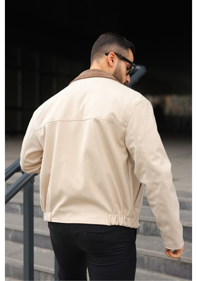 Kadife Yakalı Trucker Model Ceket Krem