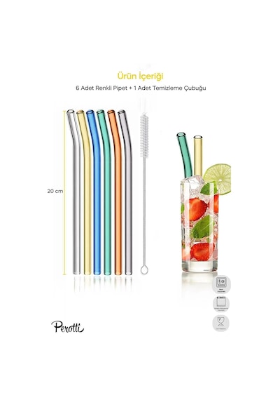 Perotti Straw 6'lı Renkli Cam Eğimli Isıya Dayanıklı Pipet