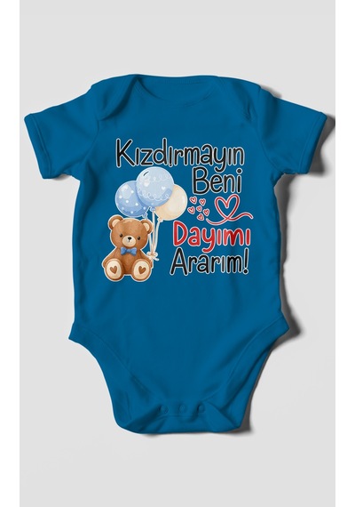 Morivokids Kızdırmayın Beni, Dayımı Ararım Kısa Kollu Bebek Body %100 Pamuk Koyu Mavi