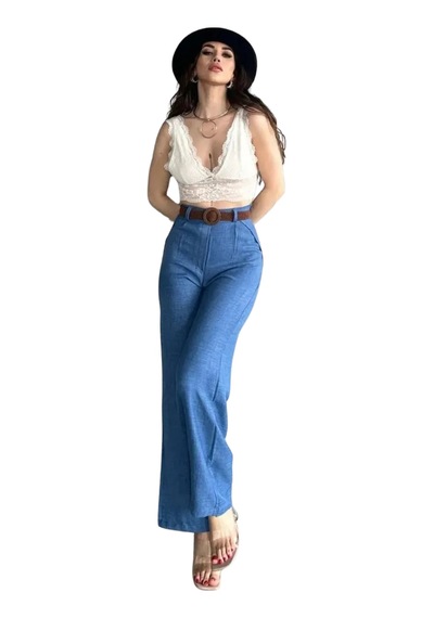 Kemerli Keten Pantolon -mavi