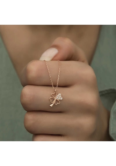 Gumush Gümüş Rose Kalpli Dört Yapraklı Yonca Kadın Kolye