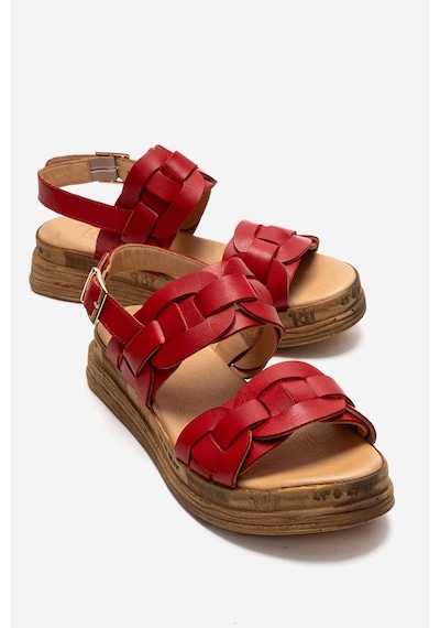 Luvishoes Elvoro Kırmızı Hakiki Deri Örgü Bantlı Kadın Sandalet