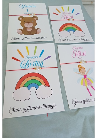 20 Adet Gökkuşağı Kartlı Şans Bilekliği - Bebek Hediyelik - Mevli