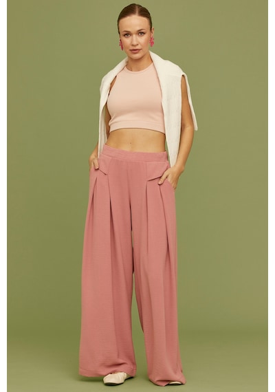 Sementa Volanlı Bol Kesim Krep Pantolon - Pembe Pembe