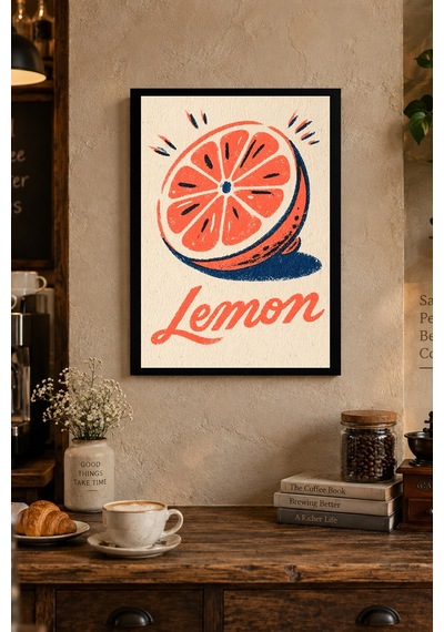Limon Tipografisi Desenli Dekoratif Mdf Tablo, Çerçeve Görünümlü Ahşap Poster