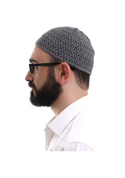 Açık Gri Kışlık Orlon Namaz Takkesi Baklava Desenli Takke Gri