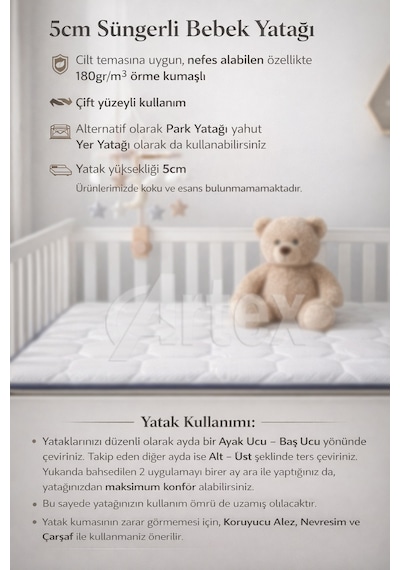 5cm Sade Süngerli Bebek Çocuk Beşik Yatağı 60x120 Park Yatak Oyun Parkı Yatağı 60 x 120 CM