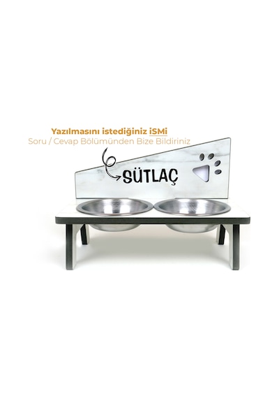 Suya Dayanıklı Ahşap Çelik Kaseli Özel İsim Baskılı Kedi-köpek Mama Ve Su Kabı Stantı