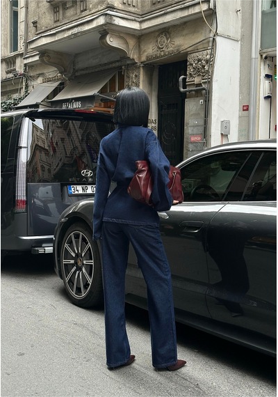 Meecy Koyu Lacivert Bağlamalı Denim Takım Oversize Ceket Ve Pantolon Lacivert Lacivert