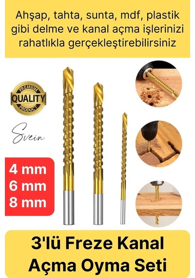 Premium Çok Amaçlı 3'lü Freze Matkap Uç Seti Ahşap Tahta Delme Titanyum Kanal Açma Sunta Mdf Oyma