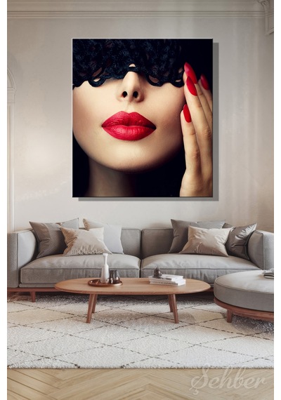 Siyah Dantel Maskeli Kırmızı Rujlu Kadın Model Fotoğrafı Kare Kanvas Tablo Tekli Ev Kafe Ofis 3205