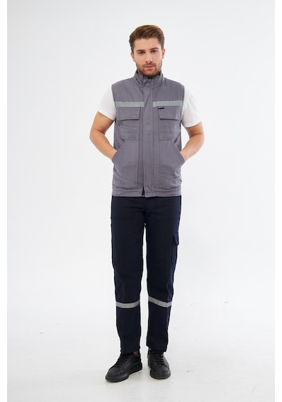 Yelek 7/7 Gabardin %100 Pamuk Kapitoneli Reflektörlü Gri