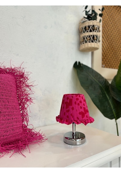 Pembe Desen Kumaş Gümüş Ayaklı Kablosuz Gece Masa Lambası