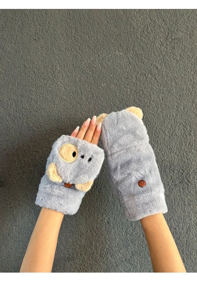 Gönülden Tasarım Kukla Peluş İçi Kürklü Açılır Parmak Nakış İşleme Kadın Eldiven Mavi