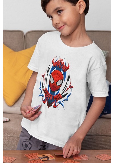 Sevbano Unisex Süper Kahraman Baskılı Örümcek Çizgi Film Çocuk Tişört 1- Beyaz