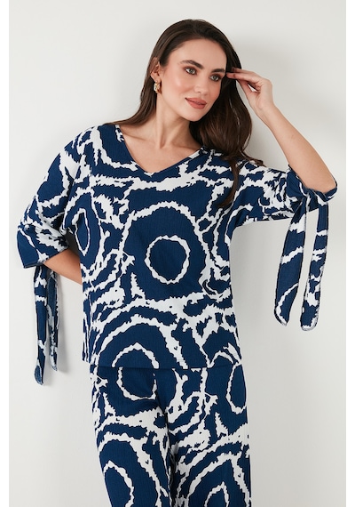 Lela Desenli Regular Fit Truvakar Kol V Yaka Alt-Üst Bayan Takım 5865357 Lacivert