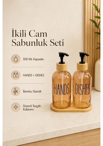 Relly Bambu Standlı İkili Cam Sabunluk Seti 2 X 500 Ml Hands & Dıshes Turuncu