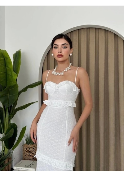 Defymoda Lere Ip Askılı Elbise Beyaz