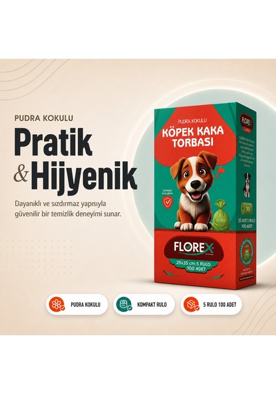 Florex Köpek Kaka Poşeti Pudra Kokulu 5 Rulo 100 Adet - Patili Dostlar Tuvalet Torbası