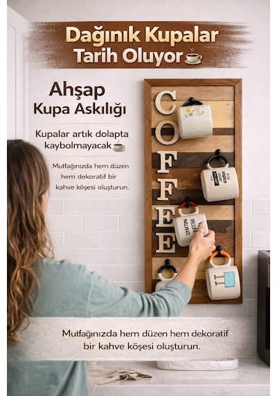 Ahşap Duvar Kupa Askılığı 5 Li Kahve Köşesi Organizer 25x61 Cm