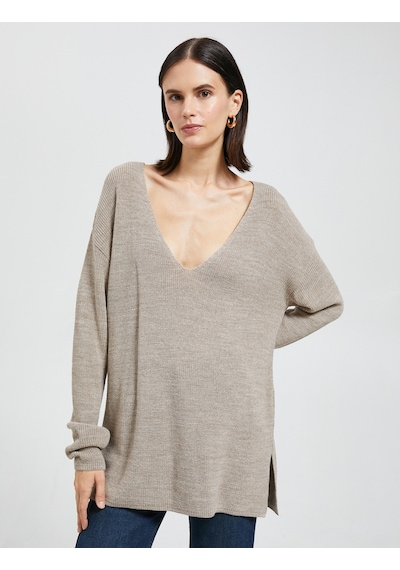 Koton V Yaka Süveter Oversize Uzun Kollu Kaşmir Dokulu Vizon 4wak90041ht