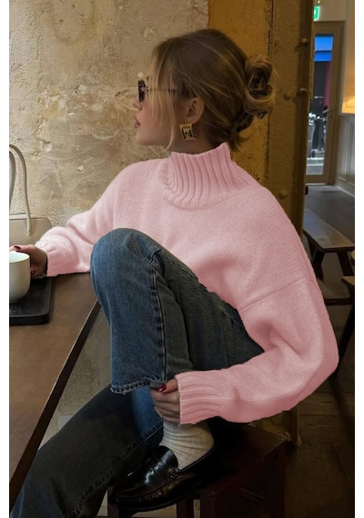 Madmext Pembe Boğazlı Kadın Triko Kazak Mg2535 Pembe