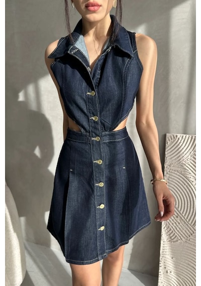 Nido Moda Kadın Yaka Detaylı Cut-out Mini Denim Elbise Lacivert