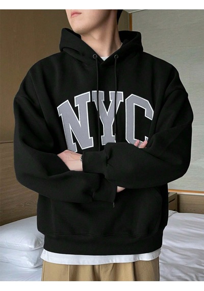 Startmore Siyah Unisex Kadın/erkek Siyah Nyc Özel Baskılı Pamuklu Oversize Kapüşonlu