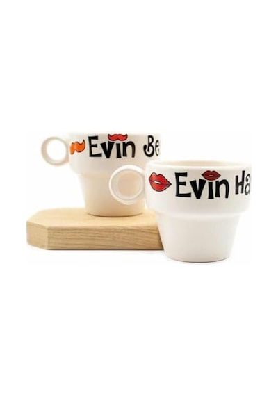 Evin Hanımı & Evin Beyi 2&apos Li Espresso Bardak Seti - Hediye Seramik Fincan Açık Ahşap