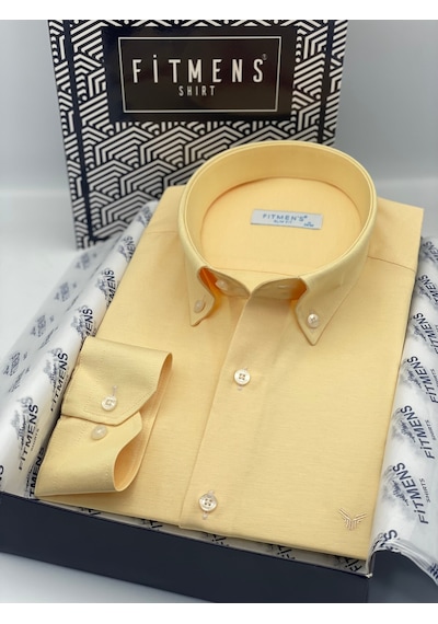 Slim Fit Uzun Kol Pamuklu Hediye Kutulu Kolay Ütülenebilir Erkek Gömlek Fs-002225 - Sarı-2808
