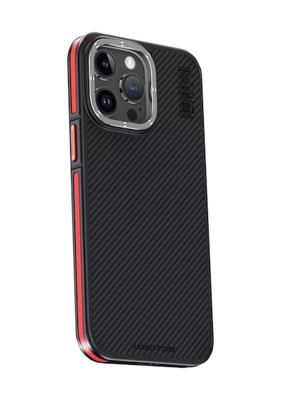 Joko Apple Uyumlu iPhone 15 Pro Max Kılıf Aramid 600d Kevlar Karbon Fiber Magsafe Kapak - Kırmızı Resimdeki