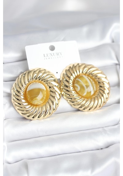 Pirinç Gold Renk Kehribar Boncuklu Vintage Kadın Küpe altın