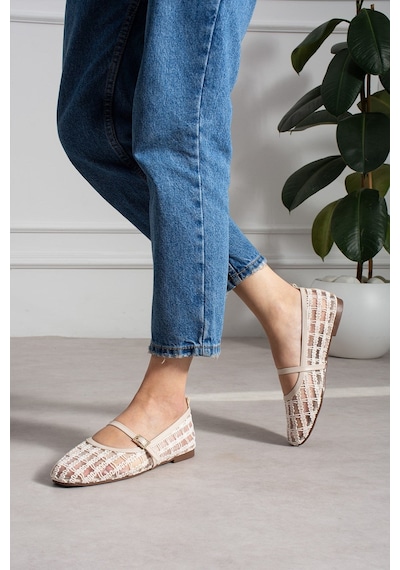 Dabab Shoes Rıvena Kadın Ekru Tül Üzeri Nakış Detaylı Kare Burun Üstten Bantlı Düz Taban Mary Jane Babet