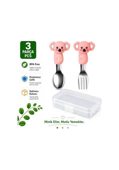 Figürlü Pembe Premium Çocuk Bpa Free Silikon Saplı Paslanmaz Çelik Uçlu Çatal-kaşık, 9+ Ay