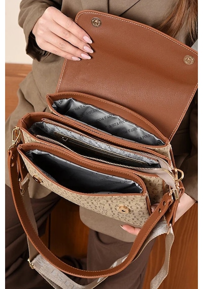 Just Polo Kadın Baskılı Ayarlanabilir Askılı Şık Ve Lüks El & Omuz Çantası Shoulder Bag Kum Taba