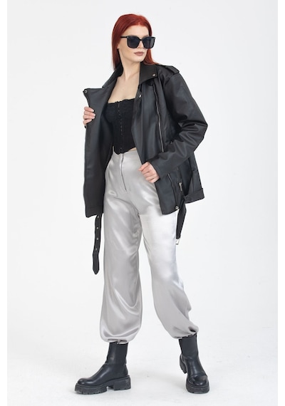 Pin Fashion Kadın Oversıze Tarz Uzun Deri Ceket Siyah Siyah