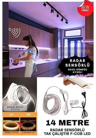 Ankara Teknik Sensörlü Beyaz Renk F- Cob Neon Led / Yüksek Lümen/ Dolap Alcıpan Tavan Led 14 Metre
