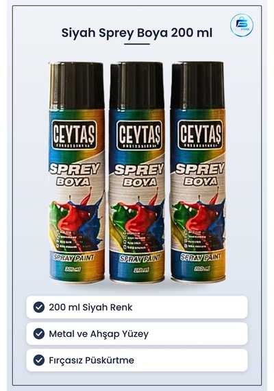 Siyah Sprey Boya 200 Ml Metal Ve Ahşap Yüzeyler İçin Tadilat Boya