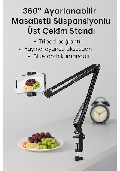 Smayling 360 Ayarlanabilir Masaüstü Üst Çekim Telefon Standı Süspansiyon Kollu Tripod Kol Canlı Yayın, Yemek Çekimi, Üstten Çekim, Youtuber & Yay Smayling 360 Ayarlanabilir Masaüstü Üst Çekim Telefon Standı Süspansiyon Kollu Tripod Kol Canlı Yayın, Yemek Çekimi, Üstten Çekim, Youtuber & Yay