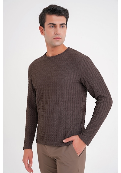 Efor Slim Fit Esnek Pamuklu Dokulu Kumaş Uzun Kollu Kahverengi Tişört Ts 934