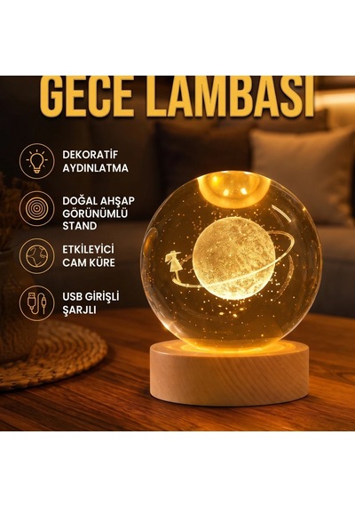 Ahşap Standlı Kız Figürlü Büyük Cam Küre Sarı Işıklı Dekoratif Gece Lambası