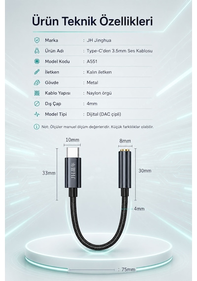 Type-c - 3.5mm Kulaklık Dönüştürücü, Dijital Dac Çipli Hi-res Ses Adaptörü, Telefon Tablet Bilgisayar Uyumlu, Metal Gövde, Naylon Örgülü, Parazit Önleyici A551