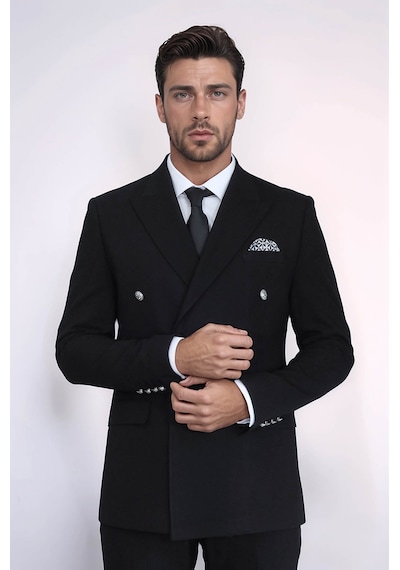 Gümüş Düğmeli Slim Fit Kruvaze Siyah Erkek Takım Elbise Wessi Siyah