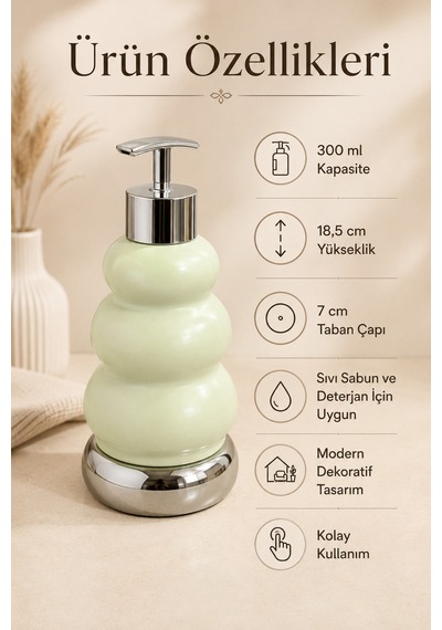 Trıo Dekoratif Premium 3 Boğumlu Sıvı Sabunluk 300 Ml Krom Görünümlü Pompalı Pastel Yeşil Banyo Ve Mutfak Sabun Dispenseri - 18,5 Cm X 7 Cm