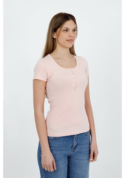 Hdm Kadın Esnek Fitilli Yakası Çıtçıtlı Pembe Kısa Kol Basic Örme Bluz - H5993
