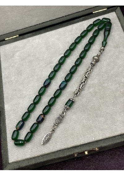 Alpaka Kral Zincir Püsküllü Koyu Yeşil Ateş Kehribar Tesbih 7x11 Mm