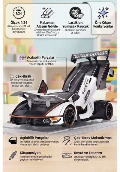 Hobiez World Orjinal 1:24 Lisanslı Çek - Bıraklı Metal Lamborghini Essenza SCV12 Model Araba