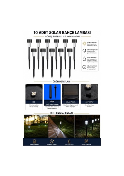 10'lu Güneş Enerjili Led Bahçe Aydınlatması Solar Aydınlatma Ip44 Su Geçirmez Işık Seti Diğer